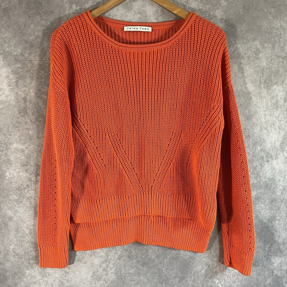 Trina Turk Shaker Knit Sweater Women Medium Orange Pima Cotton Minimalist 141003